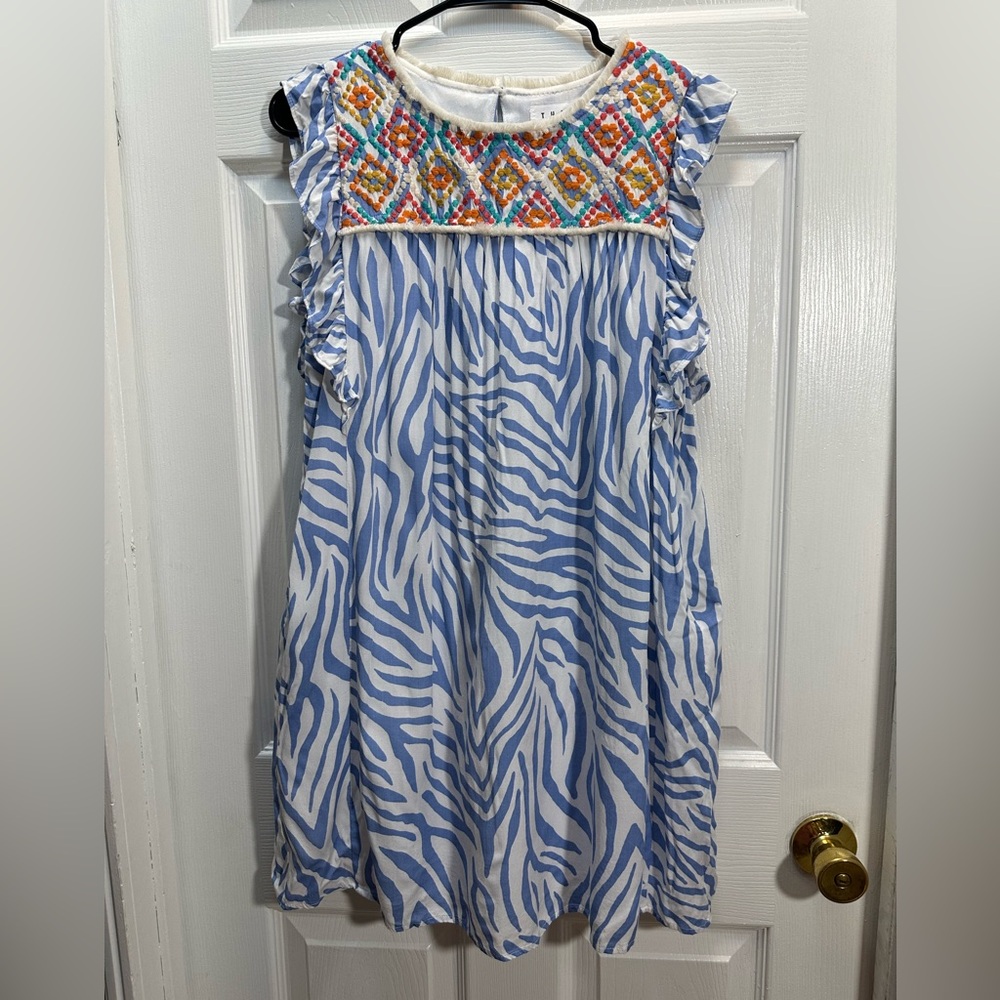 THML Blue and White Zebra Print Dress with Colorful Embroidered Yoke